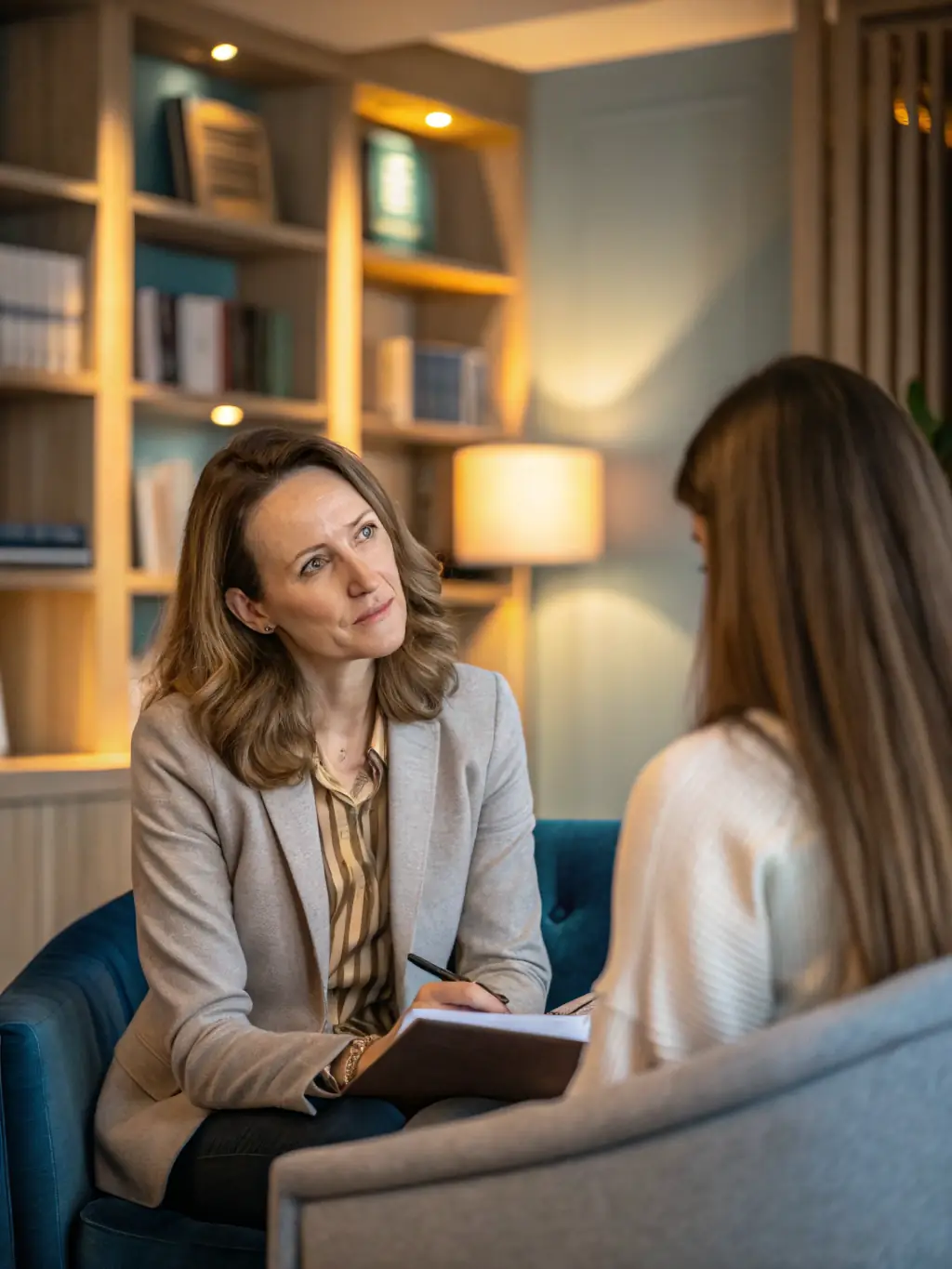 A coach providing one-on-one guidance to a woman entrepreneur, discussing business challenges and opportunities in a supportive environment.