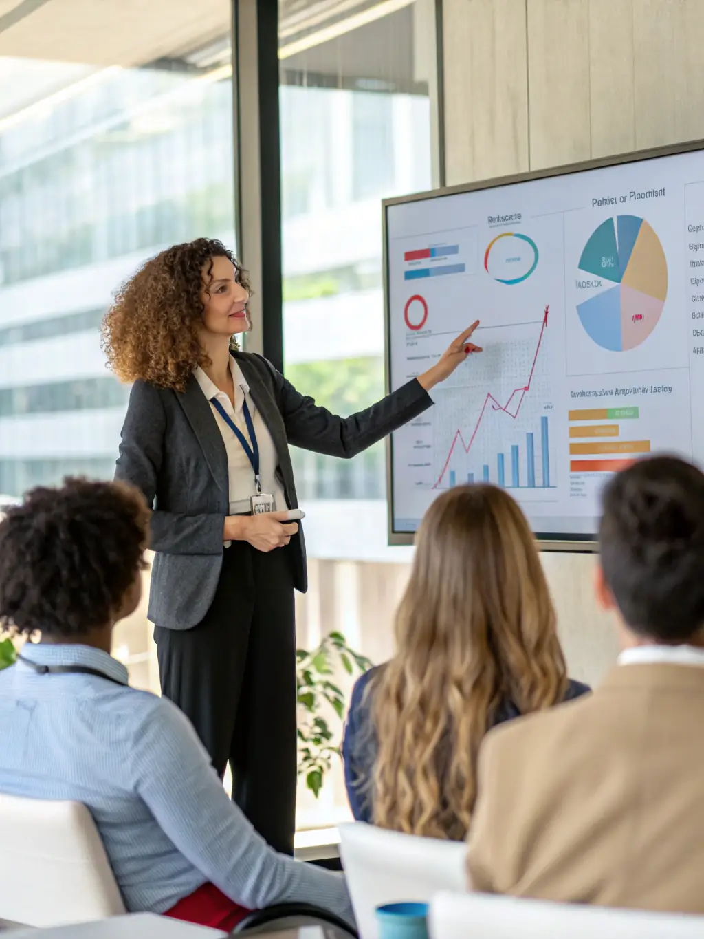 A professional woman in a business suit confidently presenting a growth chart to a group of women entrepreneurs in a modern office setting.