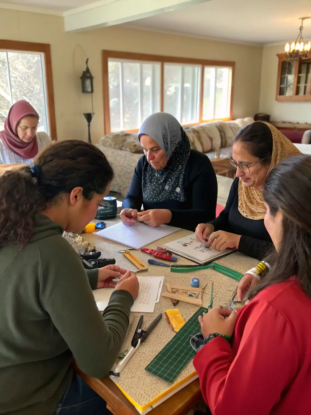 A diverse group of women participating in an interactive business workshop, with a coach facilitating the session.