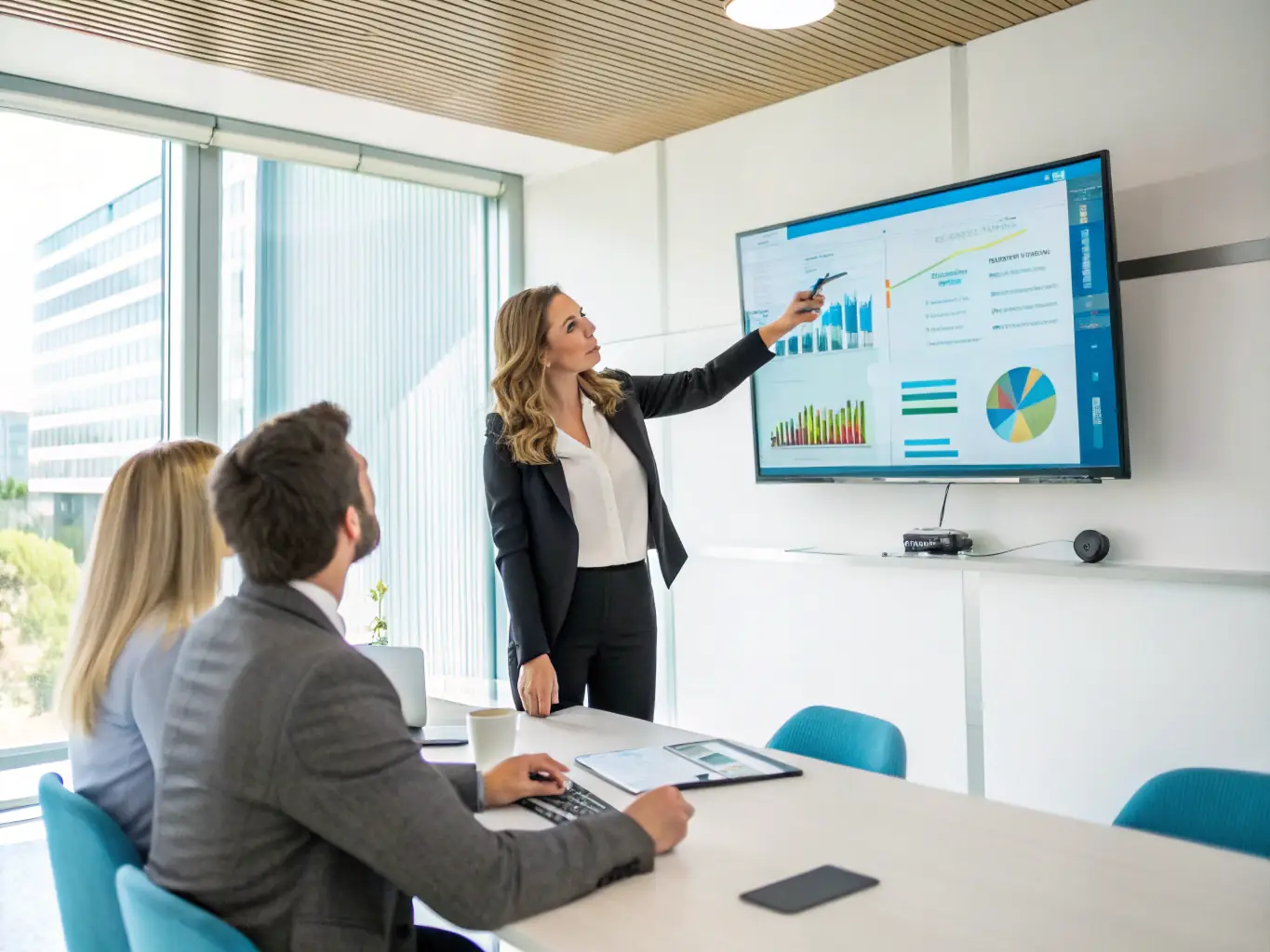 A professional woman entrepreneur confidently presenting a business plan in a modern office setting, symbolizing strategic business growth and investment.