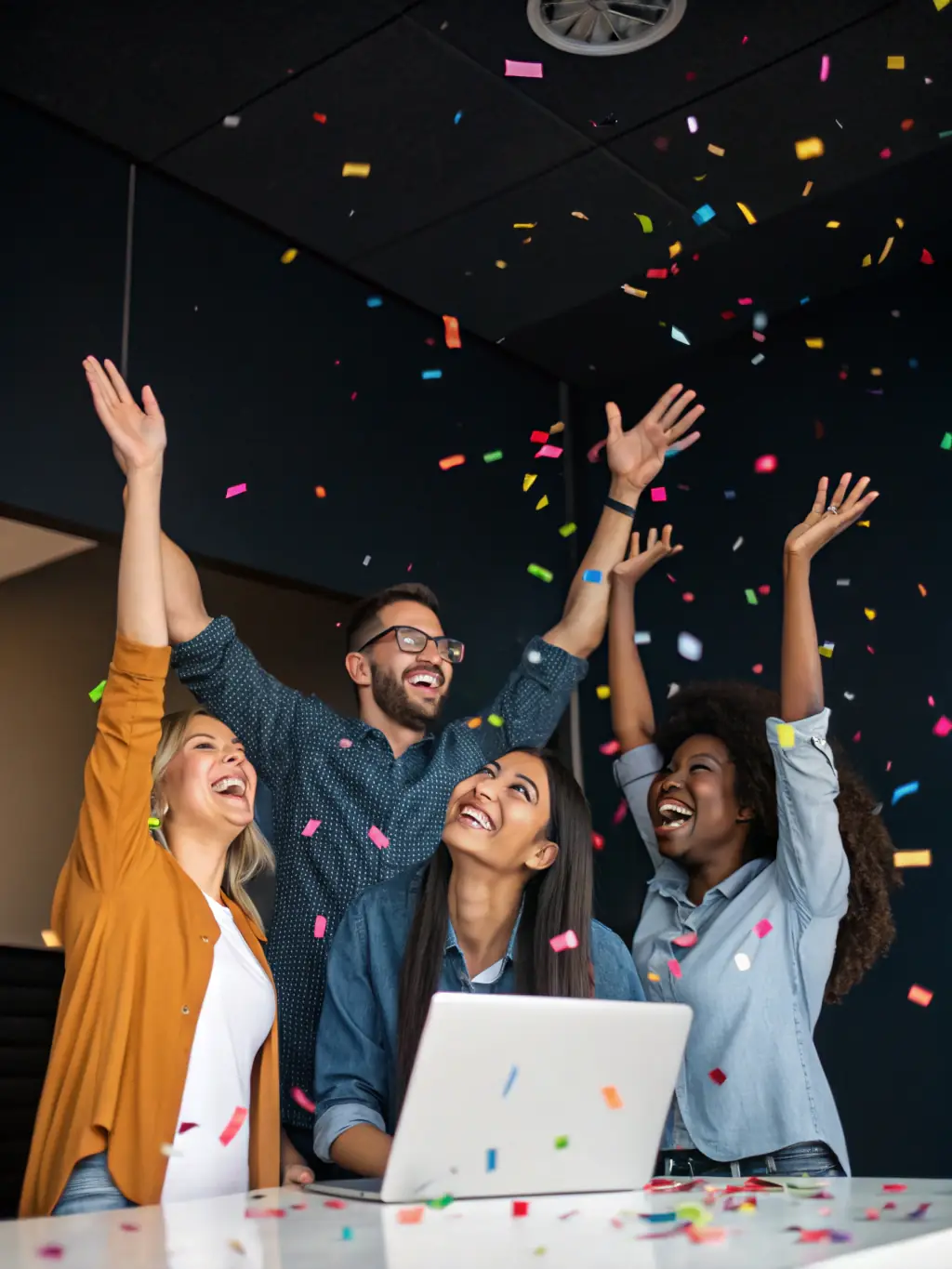 A woman entrepreneur celebrating a business milestone with her team, showcasing the positive impact of coaching on business growth and financial achievements.