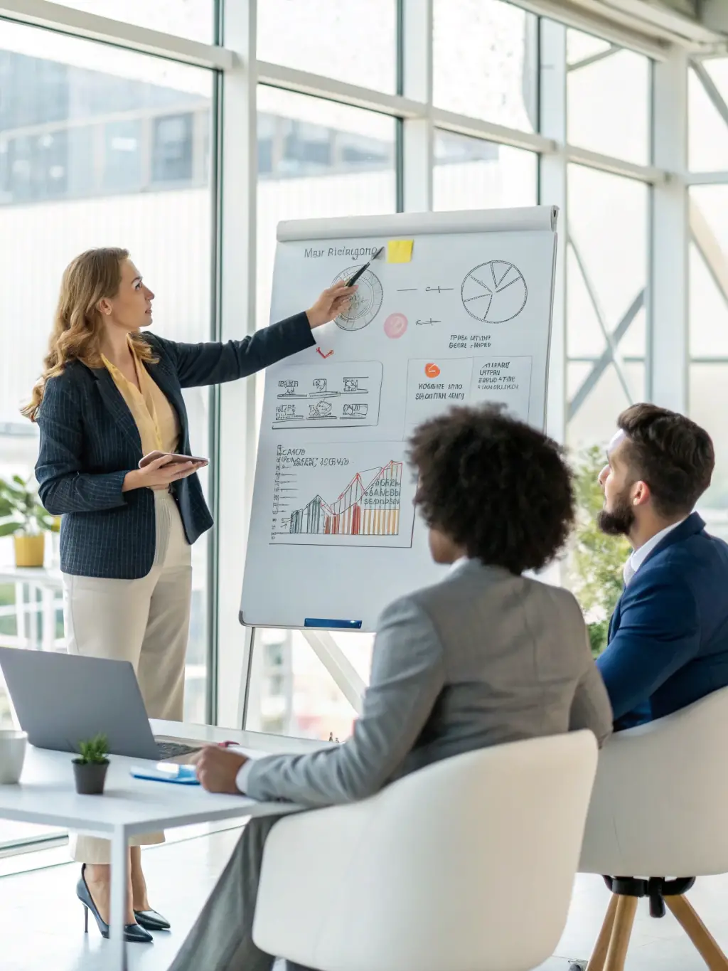 A professional woman confidently presenting a business strategy on a whiteboard to a small group of female entrepreneurs in a modern office setting, emphasizing growth and investment opportunities.