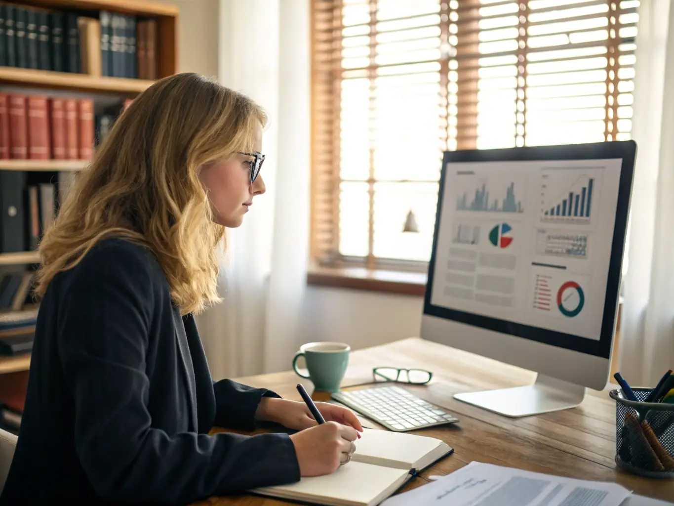 A woman entrepreneur reviewing financial data on a laptop, with charts and graphs indicating positive investment growth and financial success.