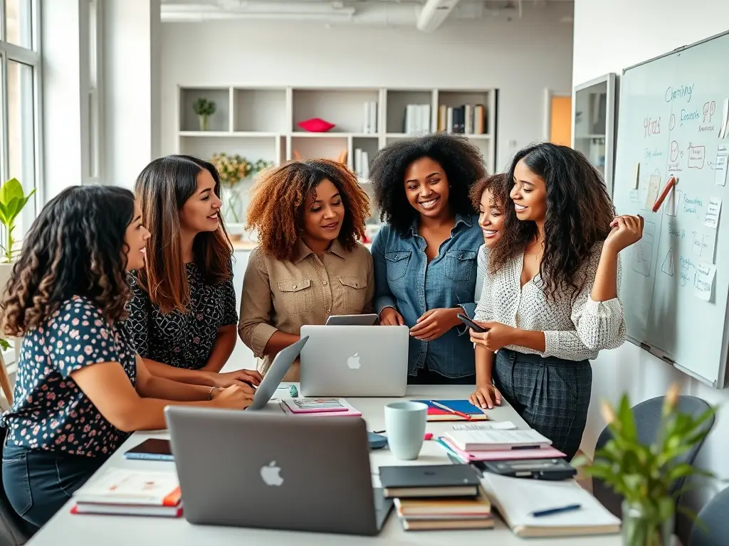 A diverse group of women entrepreneurs participating in a workshop, collaborating and sharing ideas, representing community and empowerment.